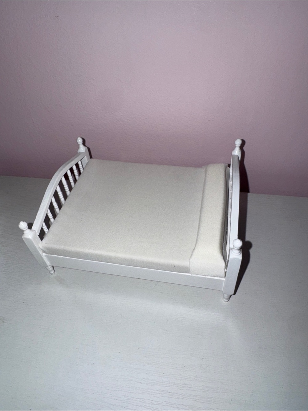 White Doll Bed with white Bedding dollhouse accessories